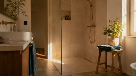 Casa de banho moderna com base de duche nivelada e resguardo de vidro