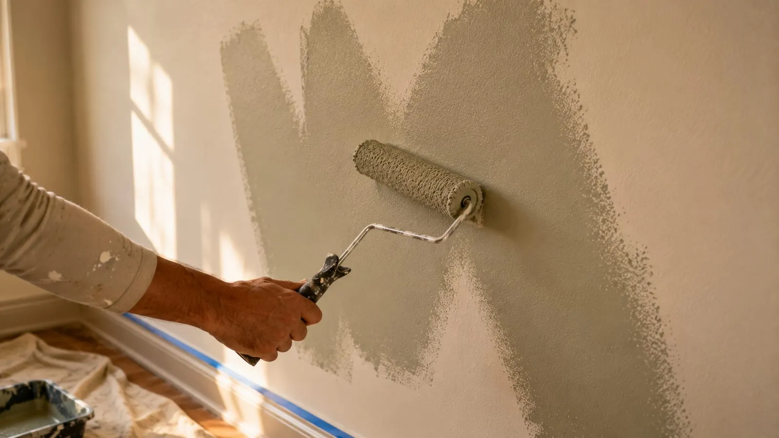 Roller spreading paint on the wall in a W pattern