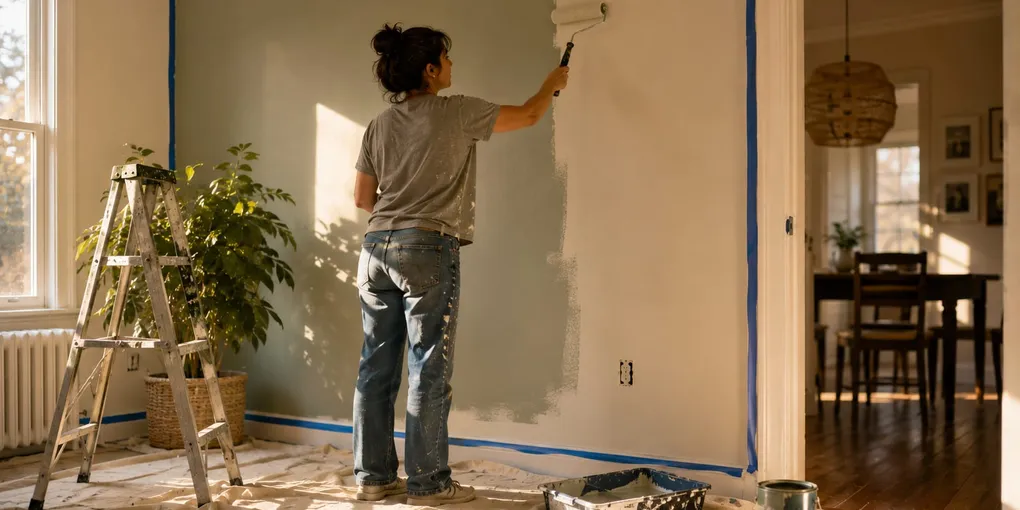 Person painting a wall with a roller in a bright room