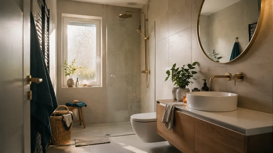 Baño reformado moderno con ducha y mampara de cristal