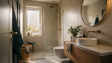 Baño reformado moderno con ducha y mampara de cristal