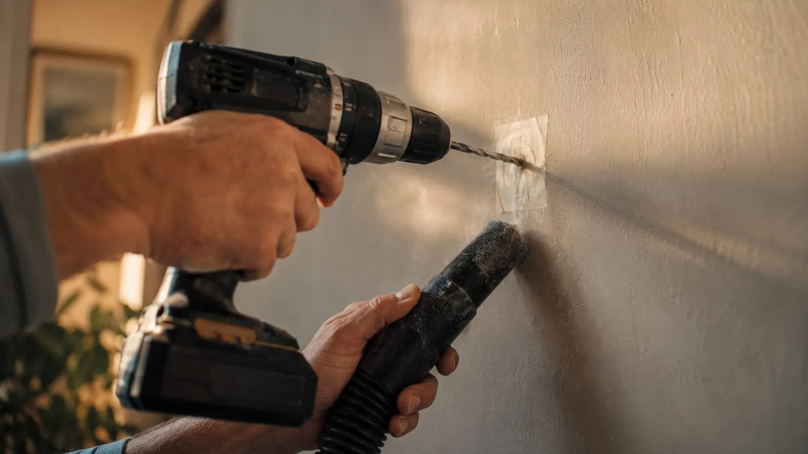 Drilling through masking tape while a vacuum catches the dust