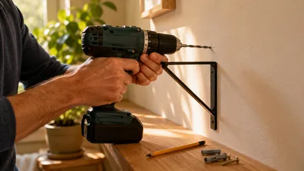 Person drilling into a wall to hang a shelf