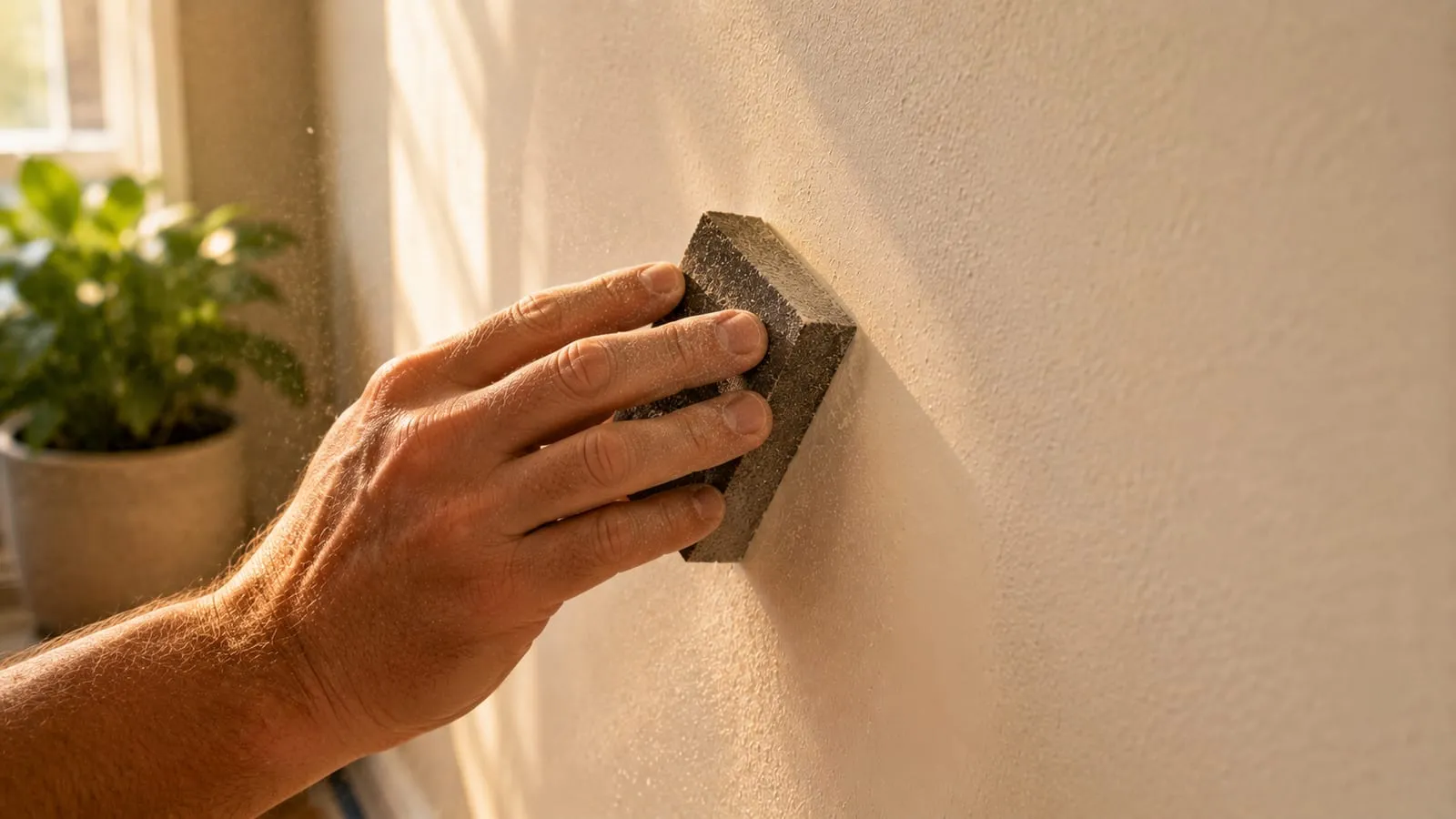 Sanding the repair flush with the wall