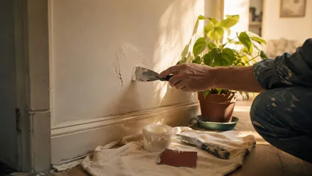 Person filling a hole in the wall with spackle and a putty knife